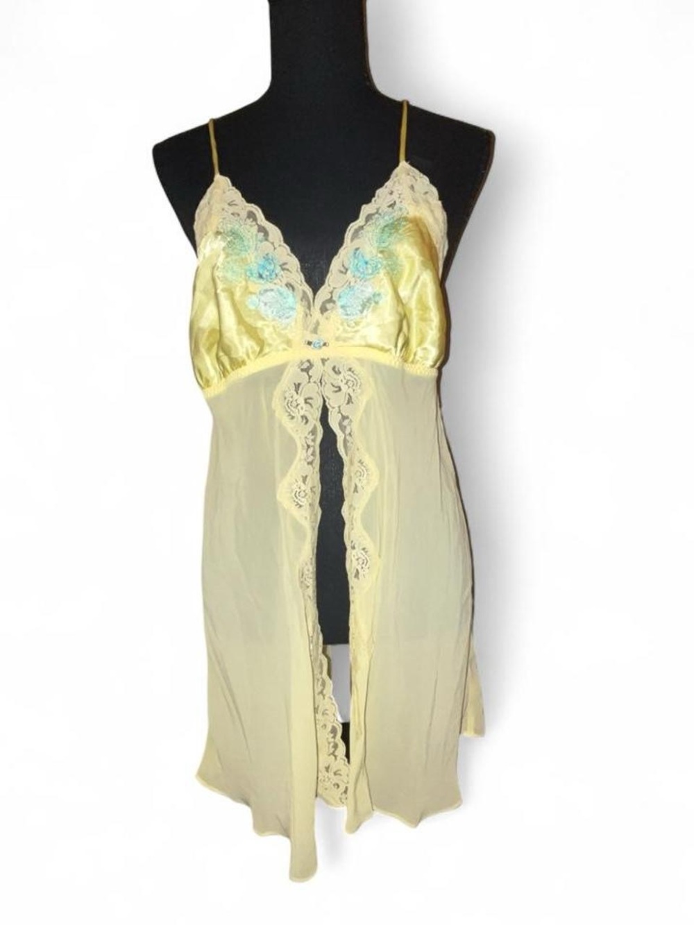 Secret Treasures Yellow Sheer Chemise with Blue Floral Embroidery